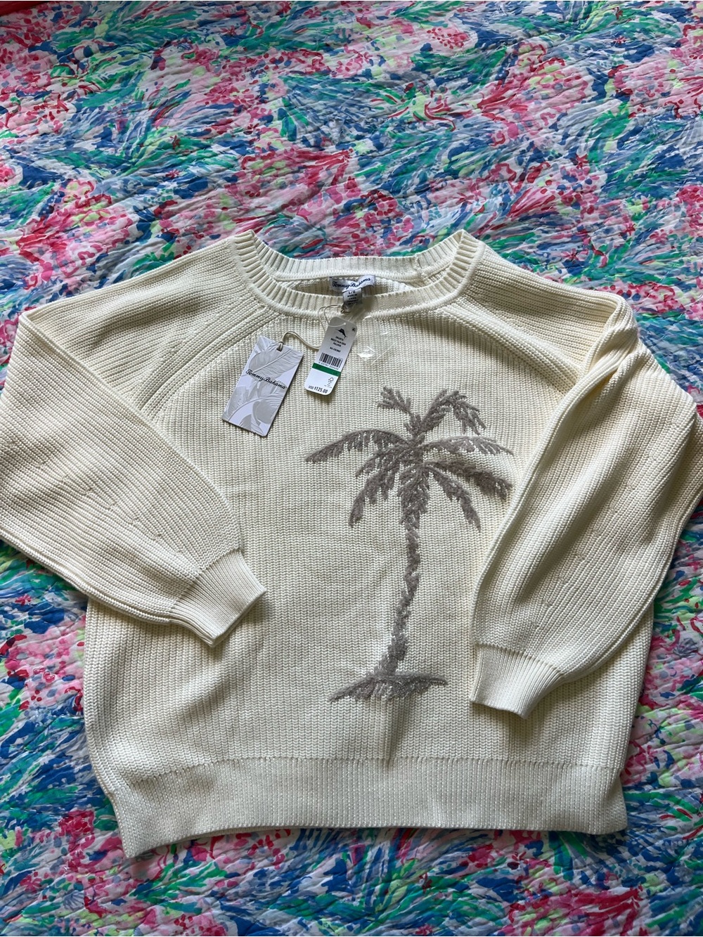 Tommy Bahama Cream Crewneck Sweater with Taupe Palm Tree